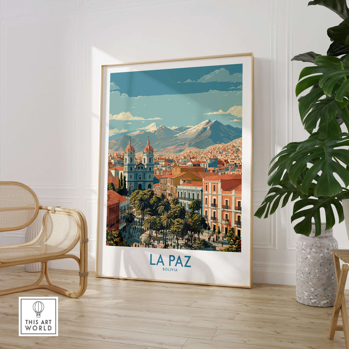 La Paz Bolivia wall art poster showcasing urban life and mountains, vibrant travel decor for home.