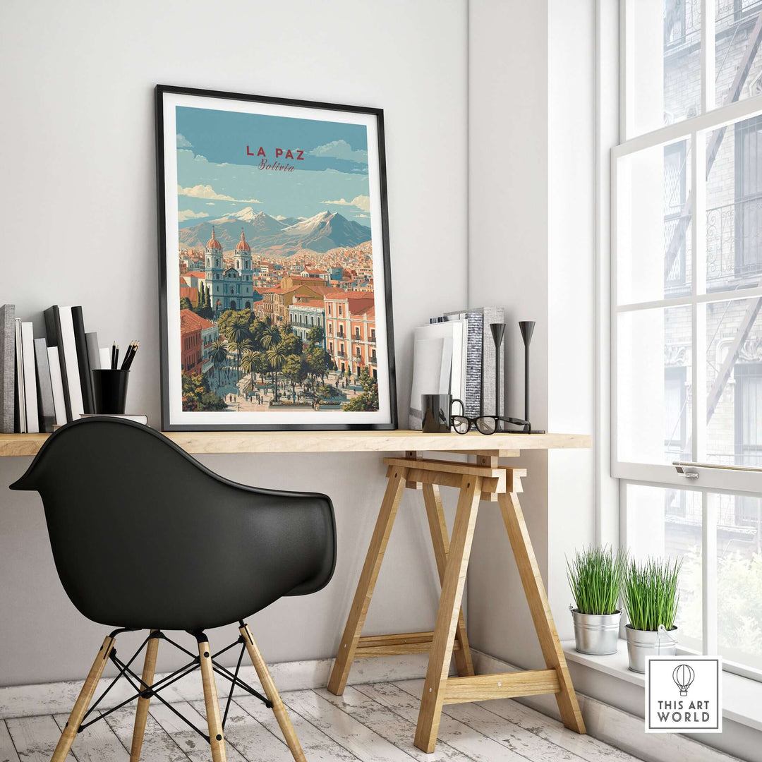 La Paz Travel Print artwork displayed on a desk, highlighting Bolivia's stunning landscapes and culture.