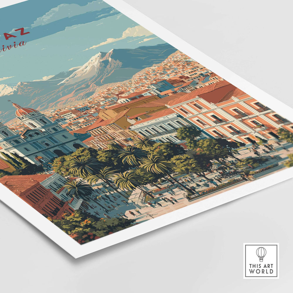 La Paz travel print showcasing Bolivia's vibrant culture and stunning Andean landscapes, perfect for wall art enthusiasts.