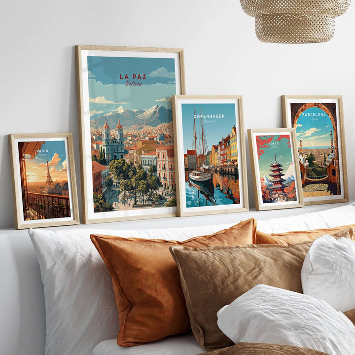 Framed La Paz travel print and other city wall art showcasing vibrant landscapes and culture.