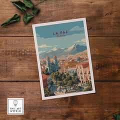 La Paz Travel Print - Bolivia Wall Art showcasing vibrant cityscape and mountains of La Paz, Bolivia.