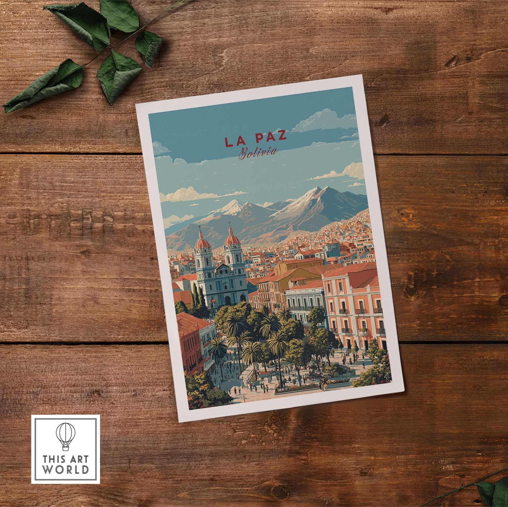 La Paz Travel Print - Bolivia Wall Art showcasing vibrant cityscape and mountains of La Paz, Bolivia.