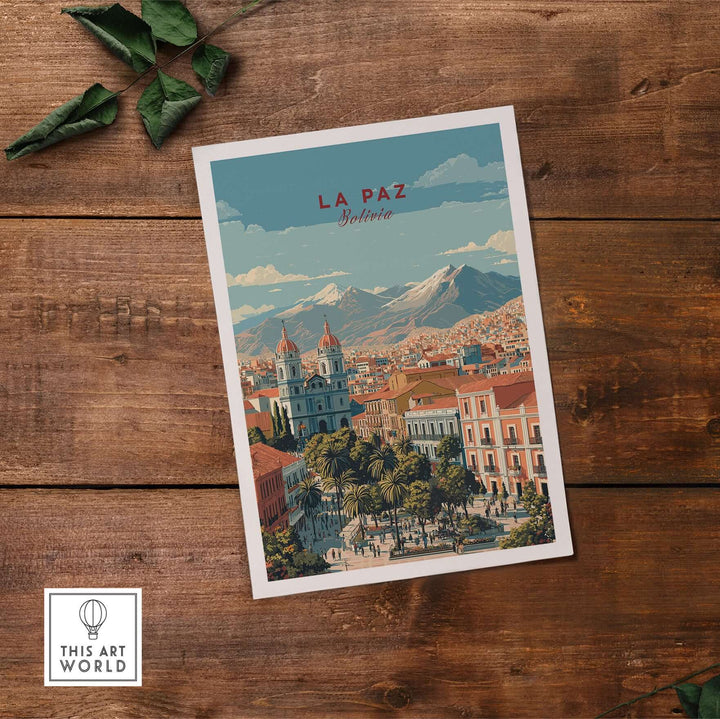 La Paz travel print showcasing vibrant city life and Andean mountains, perfect wall art for Bolivia lovers.
