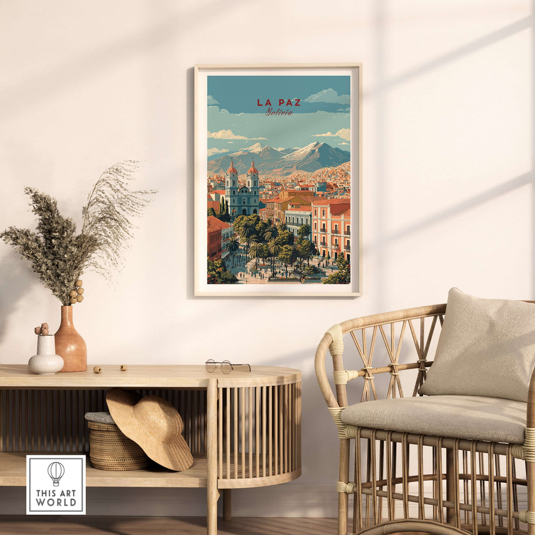 La Paz travel print hanging in a stylish room, showcasing vibrant Bolivia cityscape and Andean mountains.