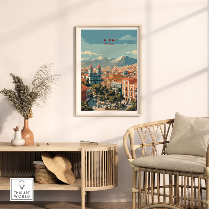 La Paz travel print hanging in a stylish room, showcasing vibrant Bolivia cityscape and Andean mountains.