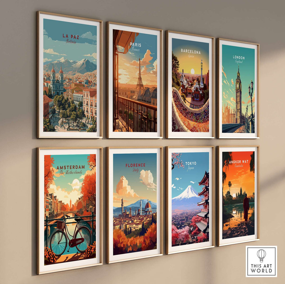 A collection of travel prints featuring iconic cities like La Paz, Paris, Barcelona, and London in vibrant colors.