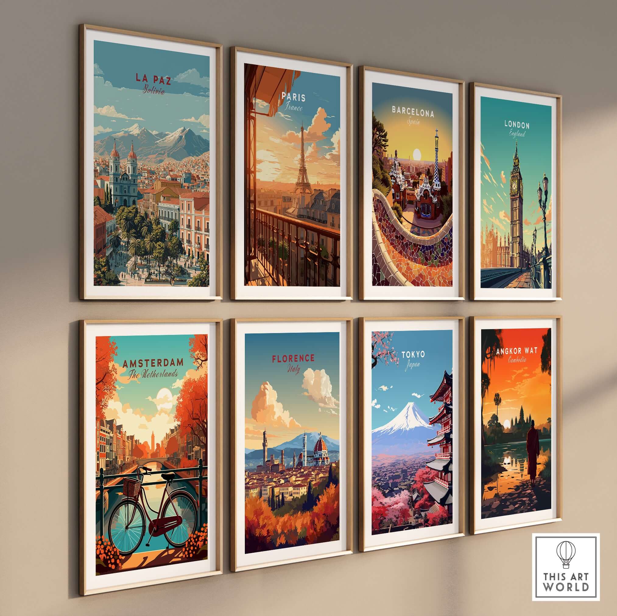 La Paz Travel Print - Bolivia Wall Art displayed among other iconic city travel prints on a wall.