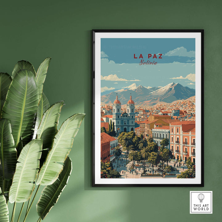La Paz travel print showcasing vibrant Bolivia cityscape and Andean mountains, perfect for wall art lovers.