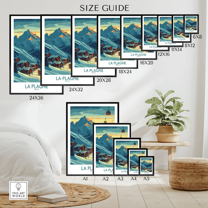 Size guide for La Plagne ski poster featuring various frame dimensions against a cozy room setting.