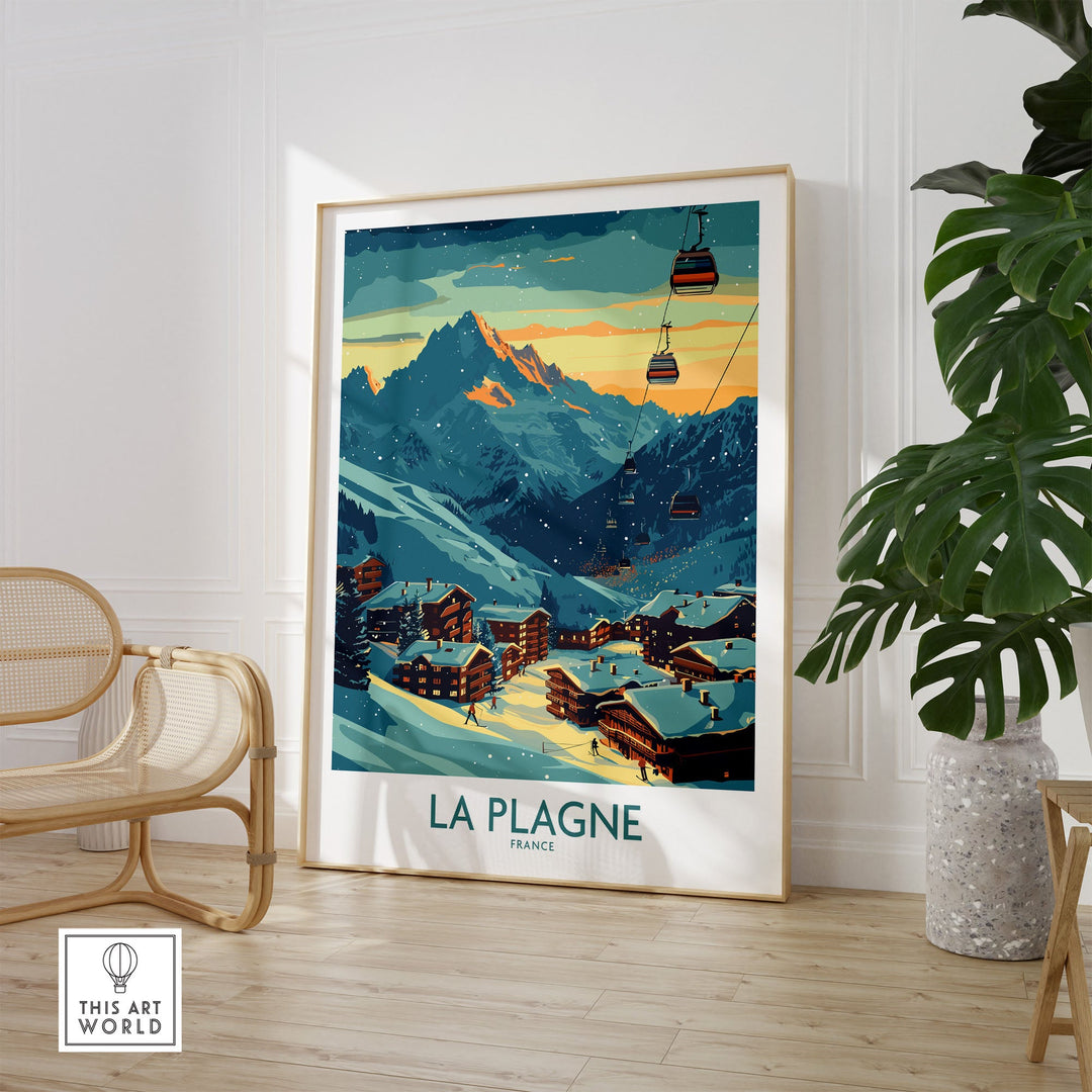 Vintage La Plagne ski poster showcasing snowy mountains and ski lifts in France, perfect for ski enthusiasts and art lovers.