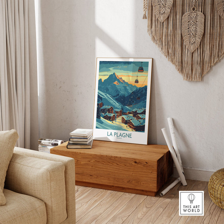 La Plagne ski poster displayed in a rustic living room with mountain scenery artwork, ideal for ski enthusiasts and home decor.