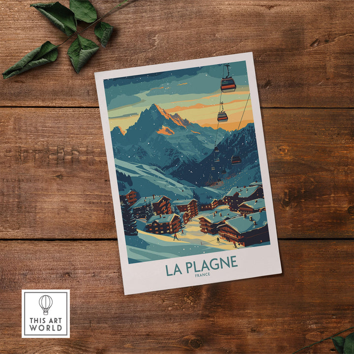 Vintage La Plagne France ski poster on wooden table, featuring mountain scenery and ski lifts. Perfect decor for ski enthusiasts.