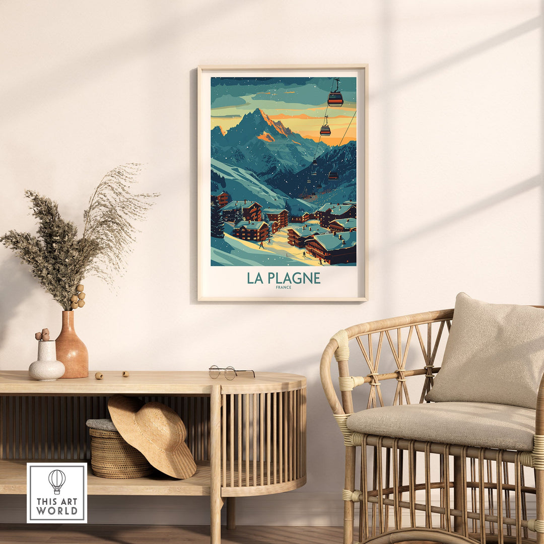 La Plagne ski poster featuring snowy mountain landscape and cozy village in France, framed on a cozy living room wall.