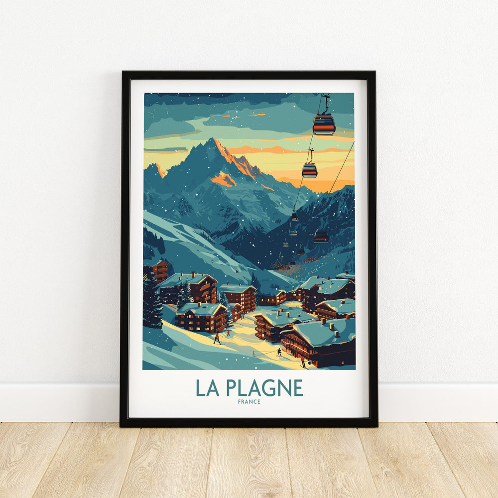 Vintage-style La Plagne ski poster featuring French alpine scenery with snowy mountains and ski lifts at sunset.