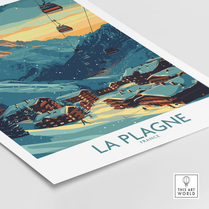 Vintage-inspired La Plagne ski poster featuring a snowy French alpine village with ski lifts and mountain scenery.