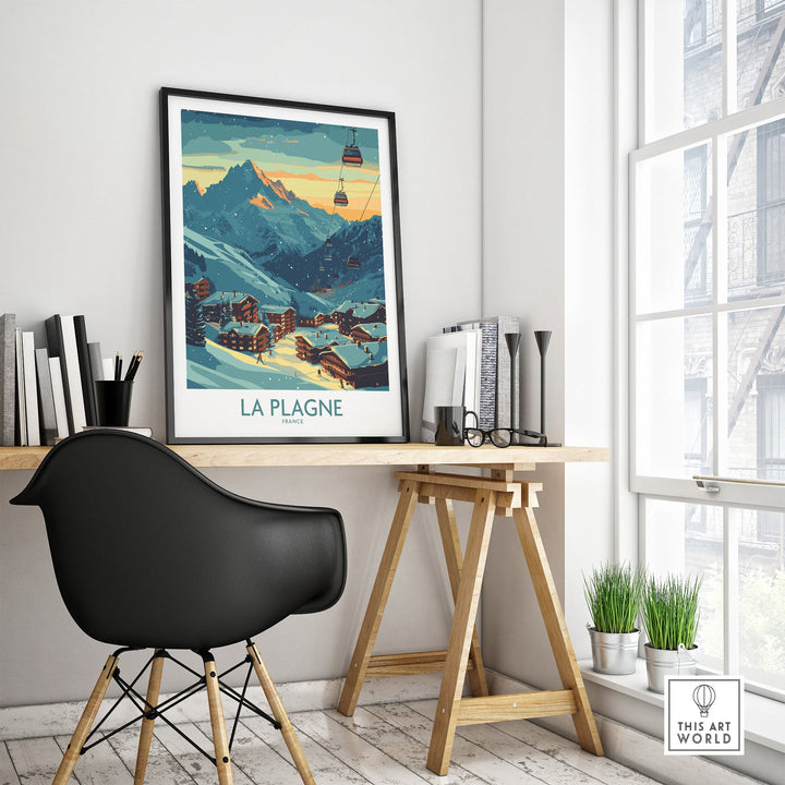 La Plagne ski poster in modern room, showcasing snowy French Alps landscape and cable cars.