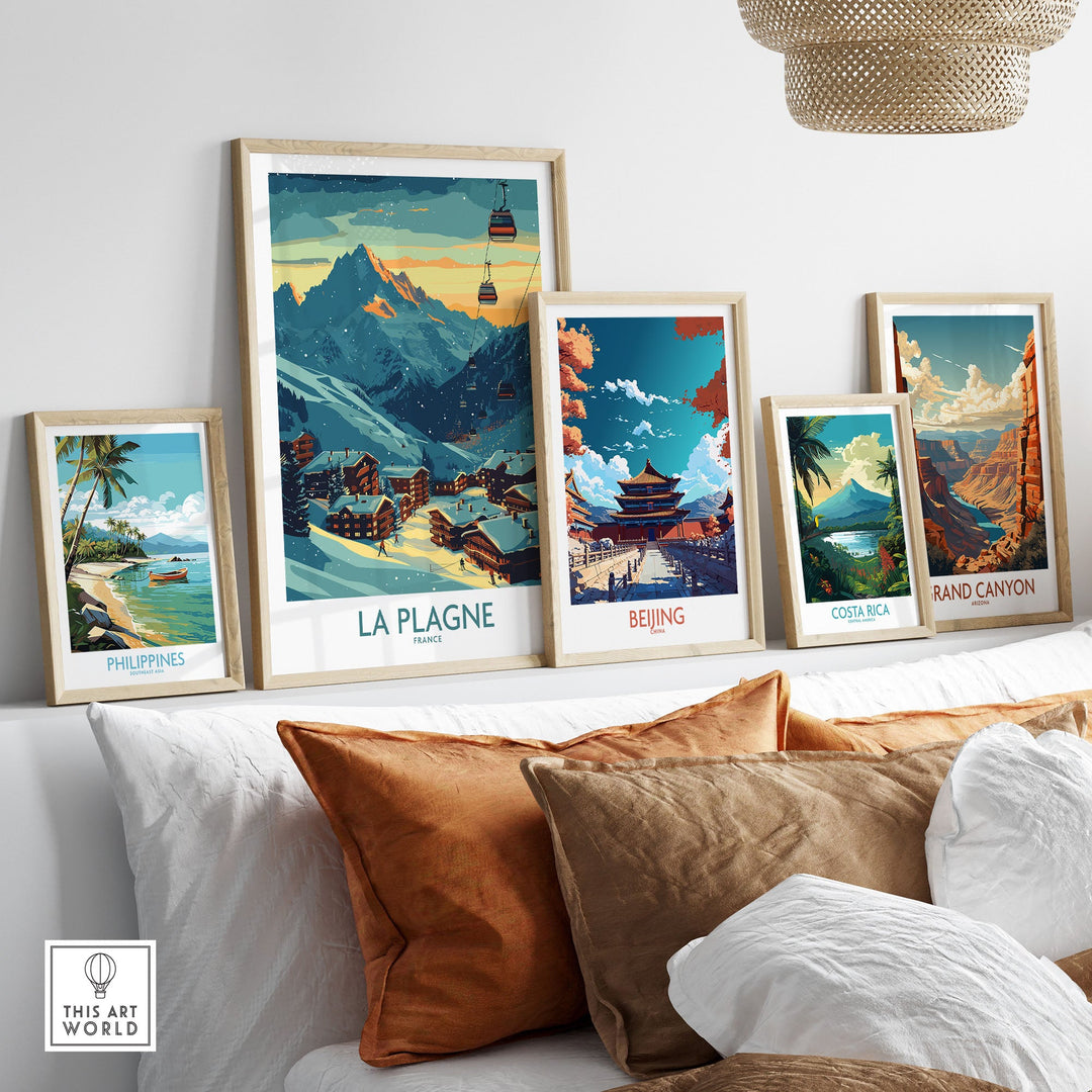 La Plagne ski poster on display with other travel destination posters, featuring vibrant mountain landscape in a cozy room setting.