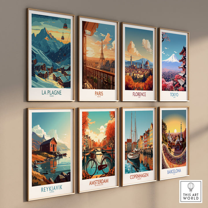 Art display featuring ski posters of global cities, including La Plagne, Paris, Florence, and more, by This Art World.