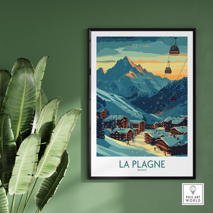 La Plagne France Ski Poster with scenic mountain view, ideal for ski enthusiasts' decor