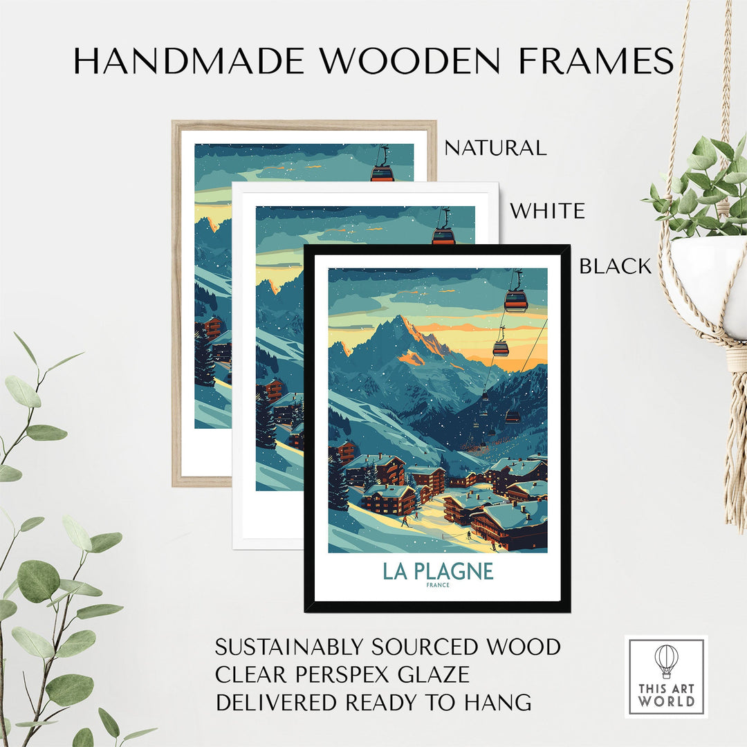 La Plagne ski poster in handmade wooden frames, available in natural, white, and black. Perfect decor for ski enthusiasts.