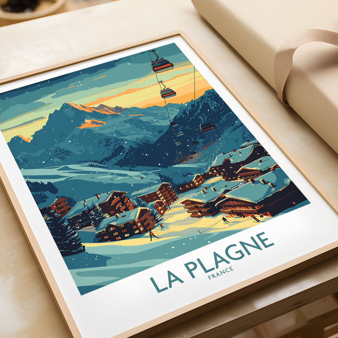 Ski poster of La Plagne, France showcasing snowy mountains and ski resort under a sunset sky, perfect for ski enthusiasts.