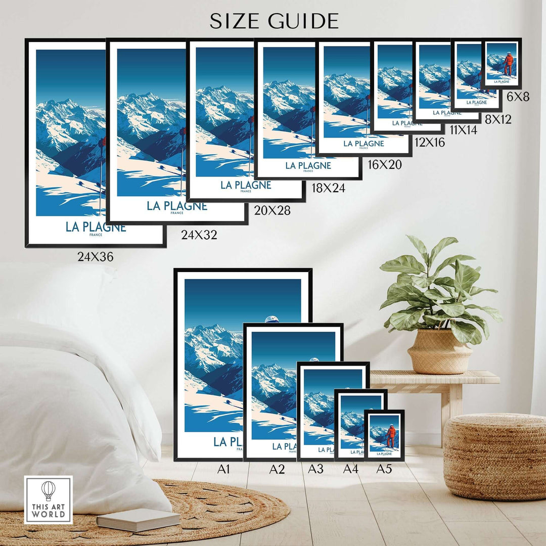 La Plagne Print size guide showcasing various frame sizes in a stylish room setting with snow-capped mountains.