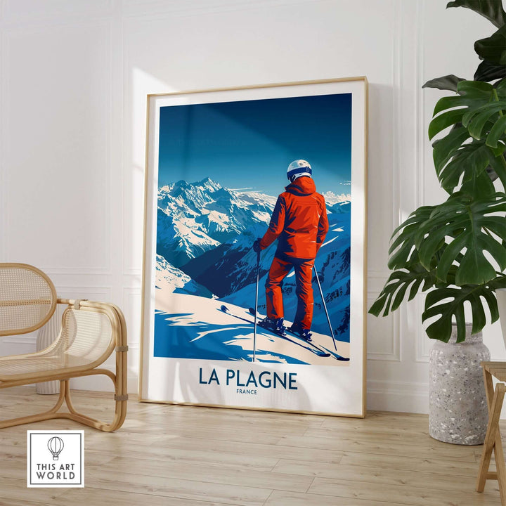 La Plagne Print featuring a skier against a stunning mountain backdrop in the French Alps, perfect for ski enthusiasts.