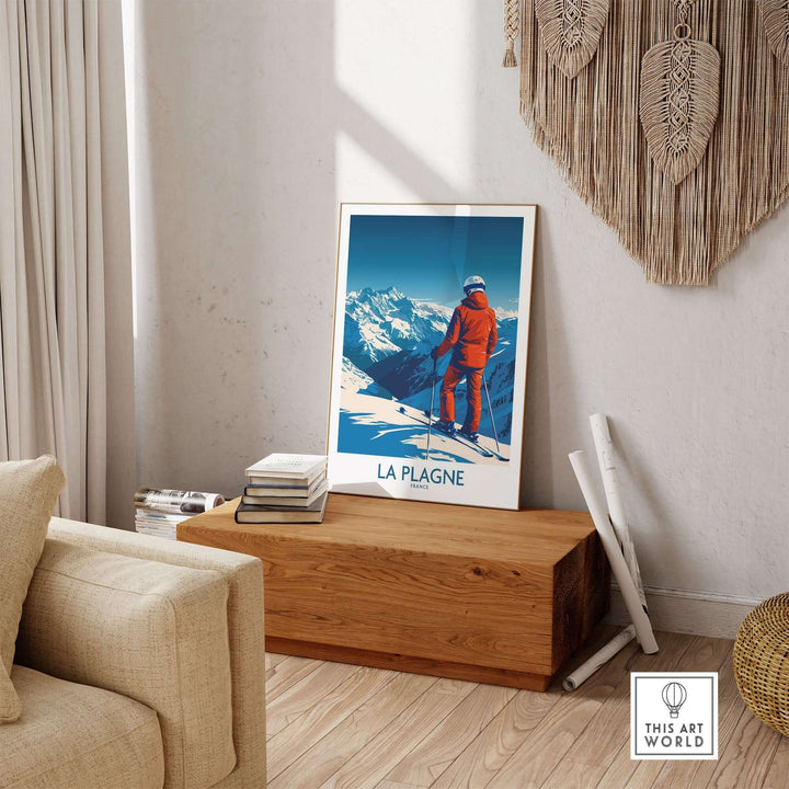 La Plagne ski poster displayed in a cozy living room, capturing the beauty of the French Alps and winter sports inspiration.