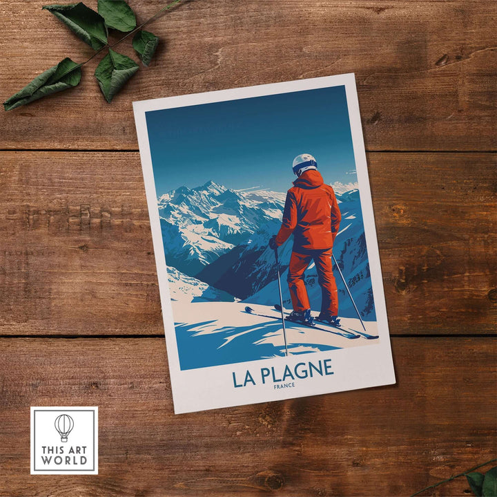 La Plagne ski poster featuring a skier in the French Alps, perfect for travel enthusiasts and ski lovers.