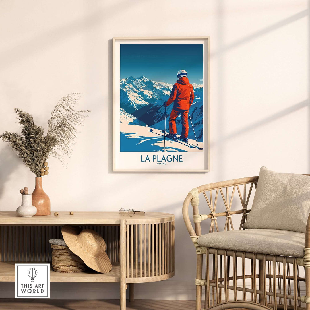 La Plagne Print featuring a skier against a snowy mountain backdrop, perfect for ski enthusiasts and home decor.