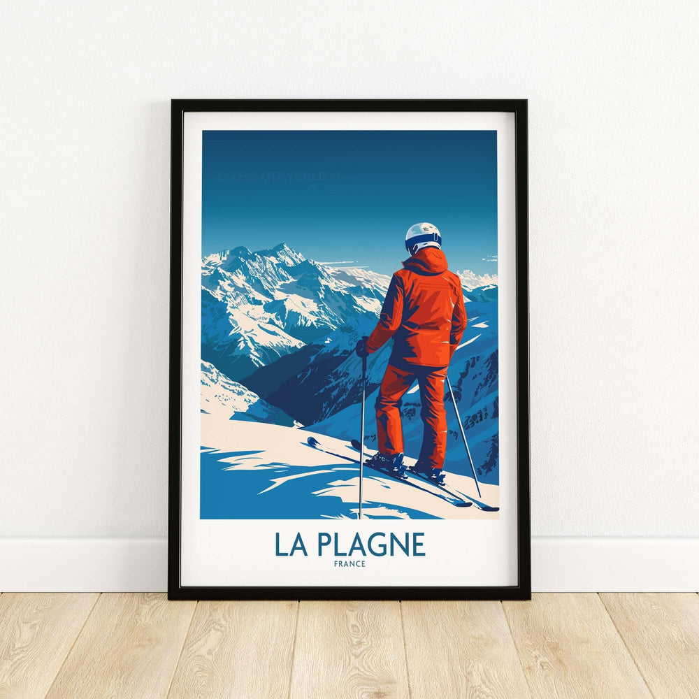 La Plagne ski poster featuring a skier overlooking the stunning French Alps, perfect for travel enthusiasts and ski lovers.