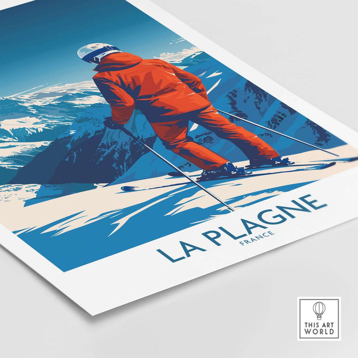 La Plagne ski poster featuring a skier overlooking the French Alps, perfect for ski enthusiasts and travelers.