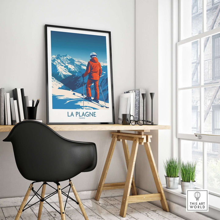 La Plagne ski poster displayed in a modern workspace, capturing the beauty of the French Alps and skiing lifestyle.