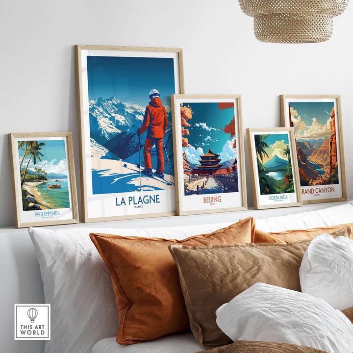 La Plagne print showcased among travel posters, featuring stunning mountain views and evocative designs for travel enthusiasts.