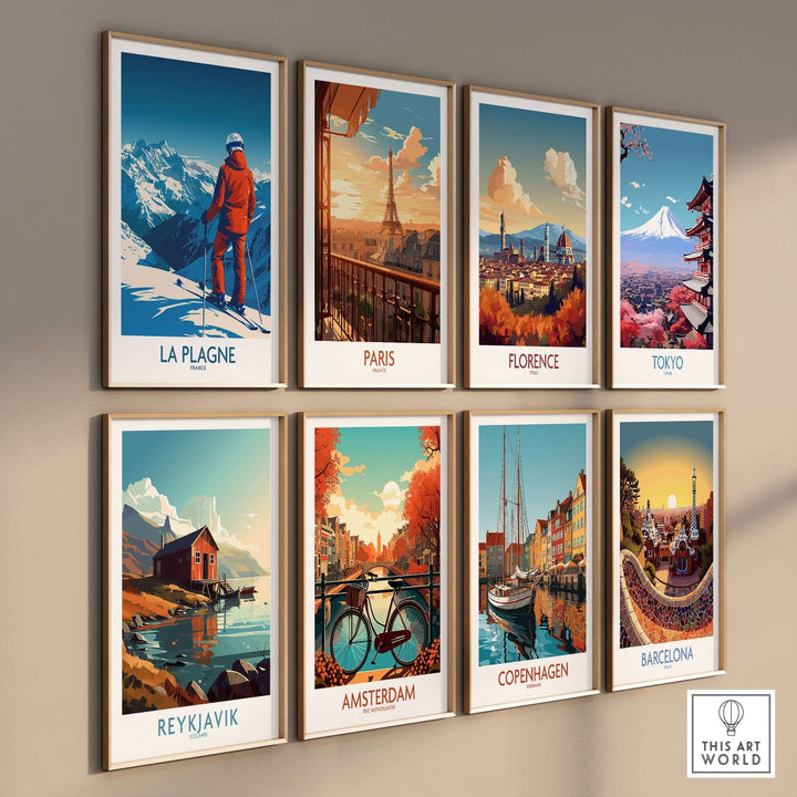 A collection of travel posters featuring La Plagne, Paris, Florence, Tokyo, Reykjavik, Amsterdam, Copenhagen, and Barcelona.