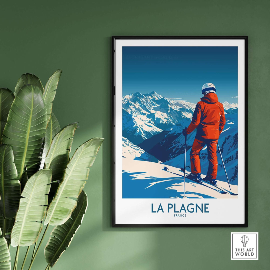 La Plagne print featuring a skier overlooking snow-capped mountains, perfect for ski enthusiasts and travel lovers.