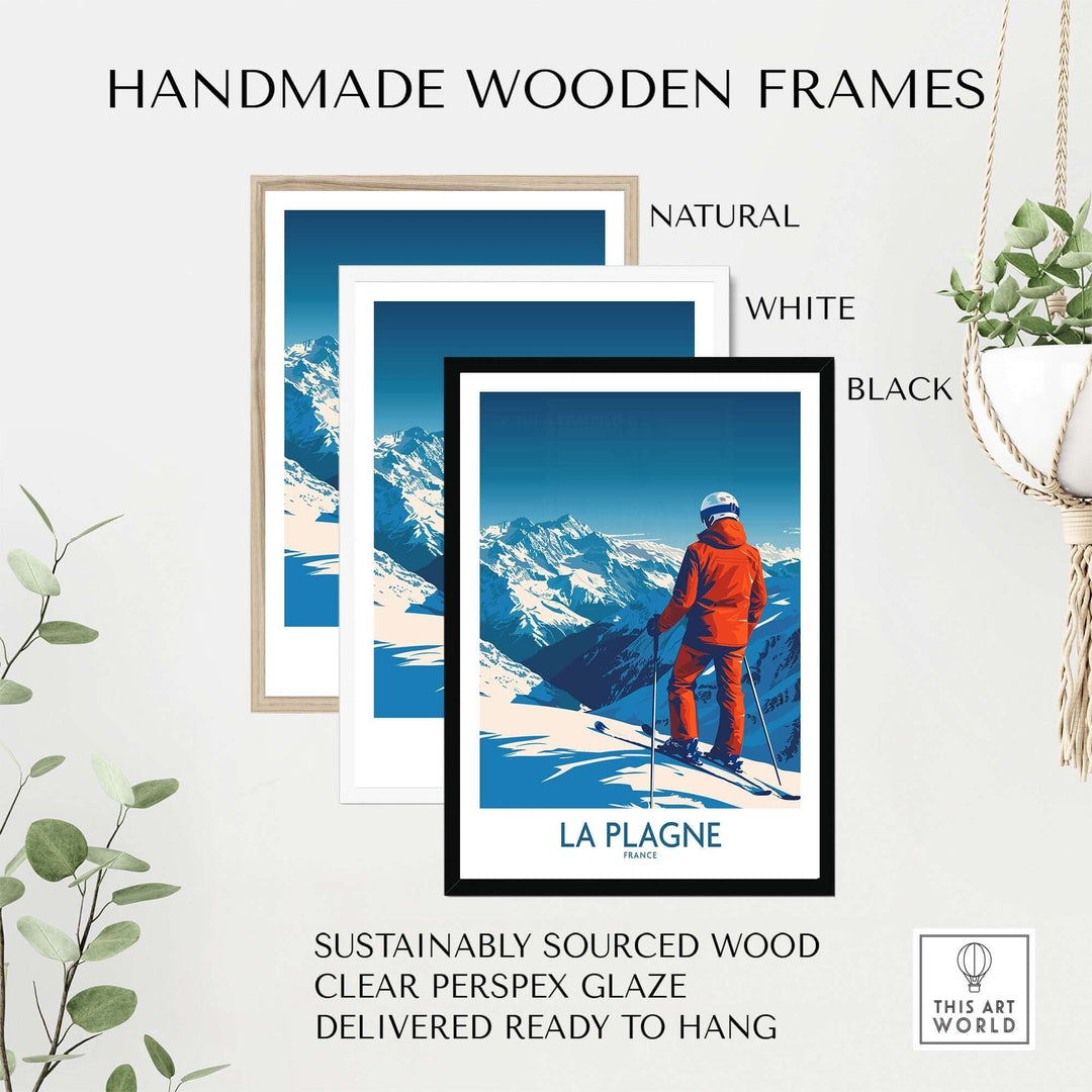 Handmade wooden frames for La Plagne print in natural, white, and black colors, featuring sustainable materials and ready to hang.