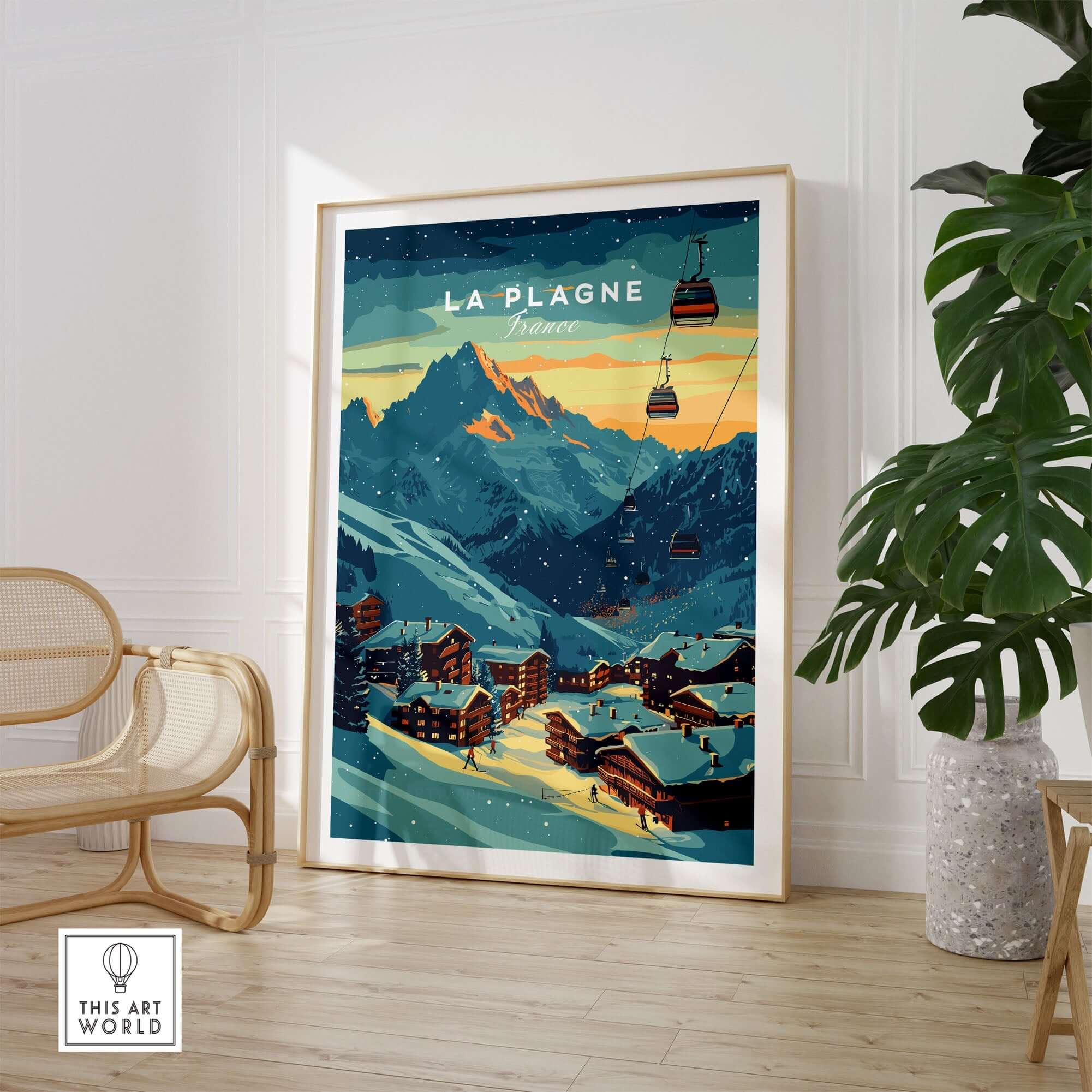 Ski Poster of La Plagne, France featuring snowy mountains and village scene, perfect for winter sports enthusiasts.