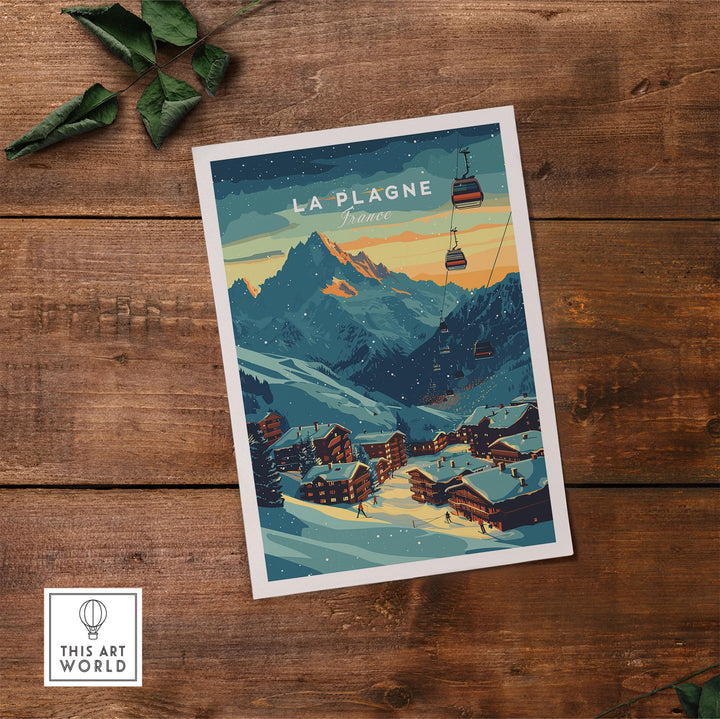 Vintage La Plagne France Ski Poster featuring snowy mountains and ski lifts, ideal winter sports decor.