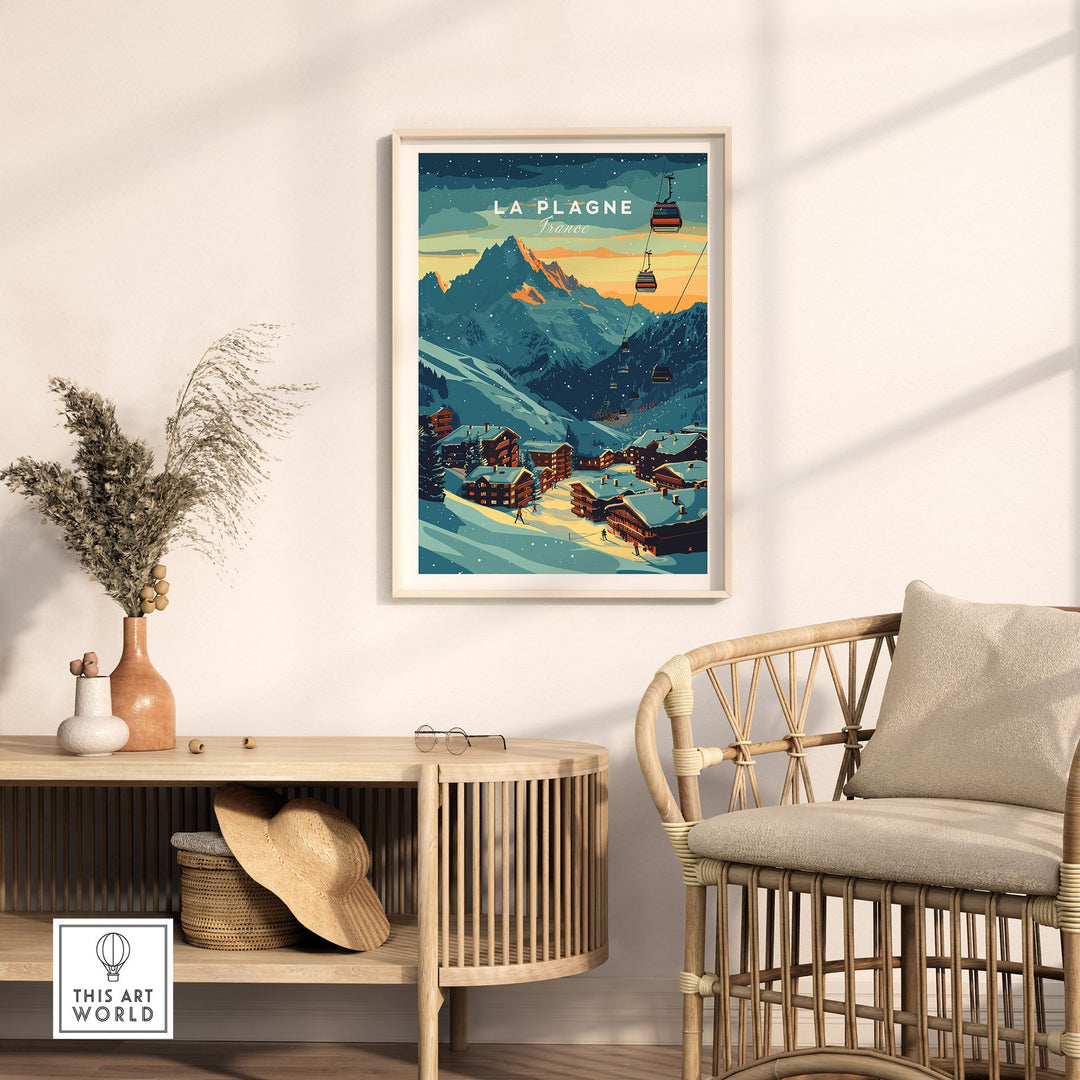 Retro-style La Plagne ski poster in wooden frame, featuring a snowy mountain scene with cable cars, displayed in a cozy living room.