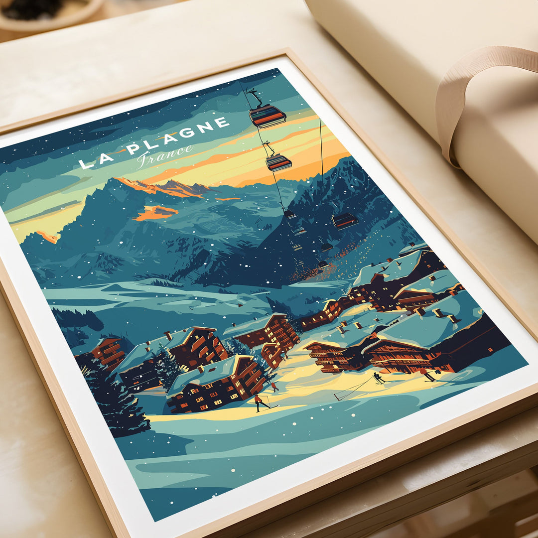 Vintage La Plagne ski poster featuring a snowy mountain landscape in France, perfect for winter sports enthusiasts and decor.