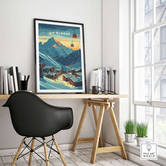 Stylish room with La Plagne ski poster print featuring snowy mountains and cable cars, enhancing modern interior decor.