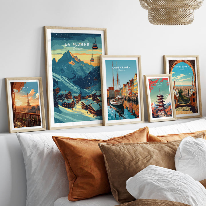 Vintage ski poster of La Plagne, France, displayed in a modern room with other travel-themed posters.