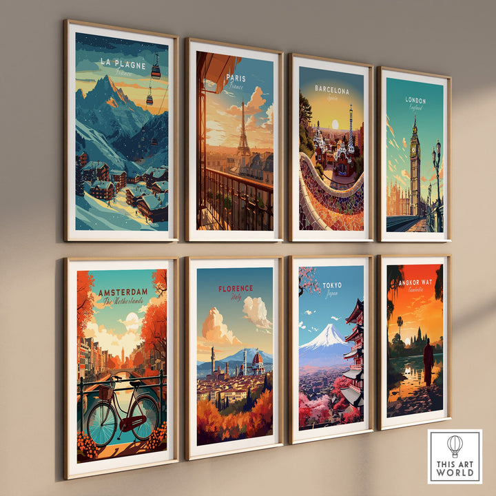 Vintage-style wall art featuring ski posters of La Plagne and travel posters of Paris, Barcelona, London, Amsterdam, Florence, Tokyo, and Angkor Wat.