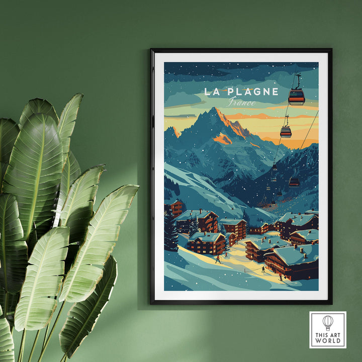 La Plagne France ski poster featuring snowy mountains and chalets, framed and displayed on a green wall.