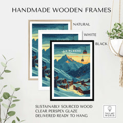 Ski poster of La Plagne in France with handmade wooden frames in natural, white, and black. Sustainable, ready to hang.