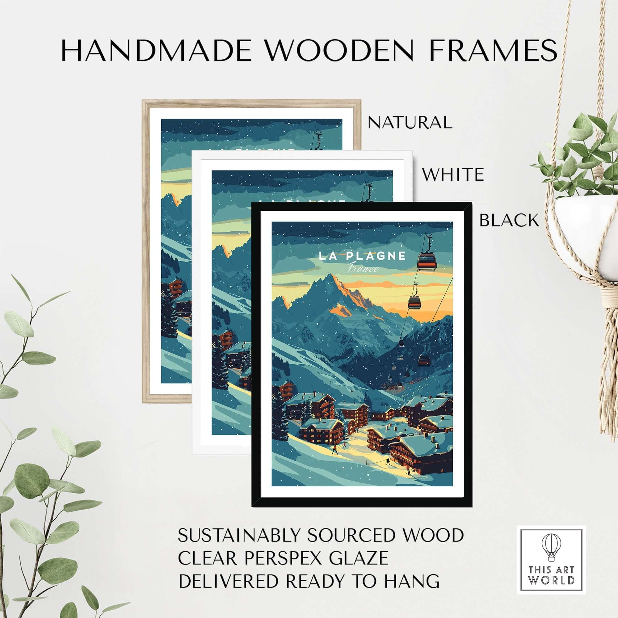 Ski poster of La Plagne in France with handmade wooden frames in natural, white, and black. Sustainable, ready to hang.