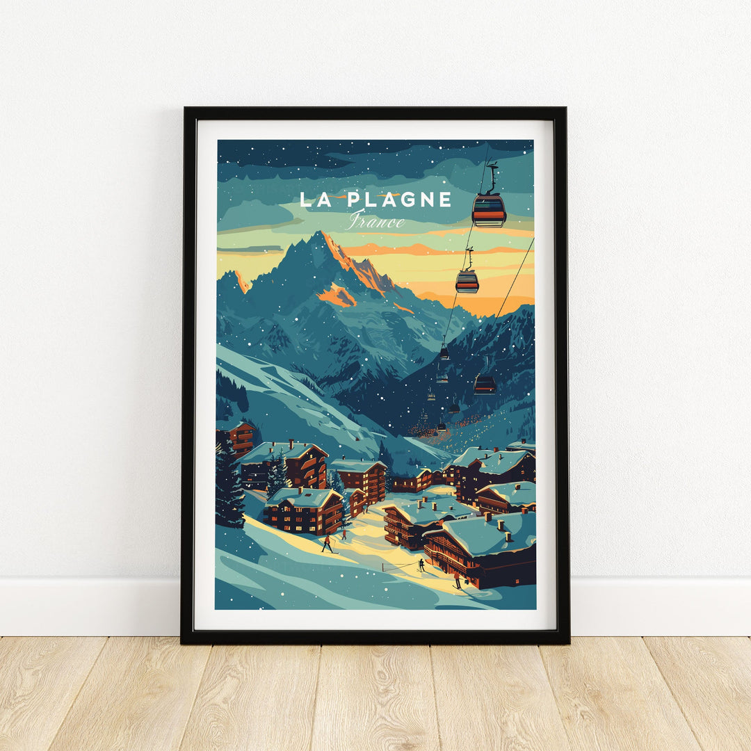 Ski Poster of La Plagne, France with snowy mountains, ski lifts, and alpine village in a framed print.