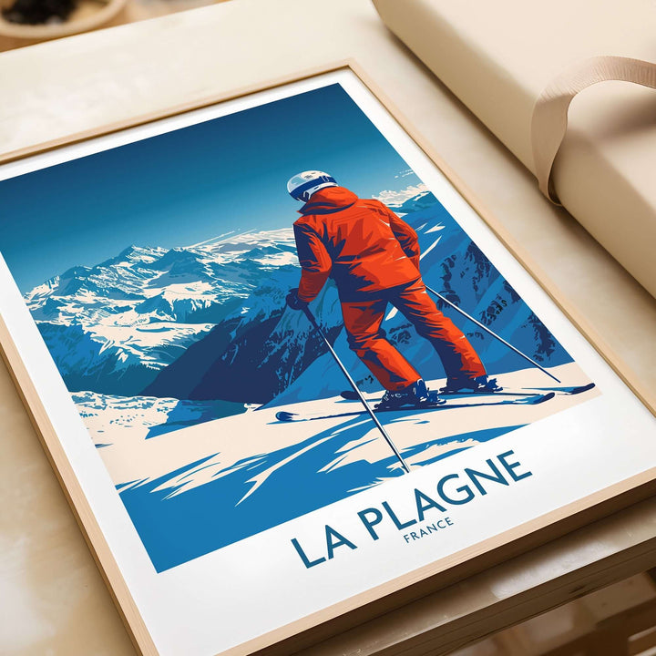 La Plagne Print ski poster showcasing a skier in the French Alps, capturing the stunning mountain landscape.