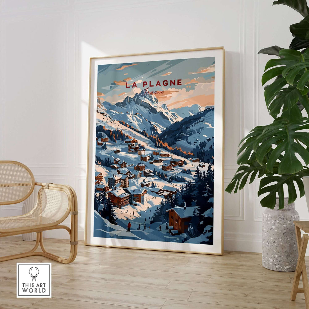 La Plagne ski poster in modern living room, showcasing scenic snowy mountain village with cabin and pine trees.